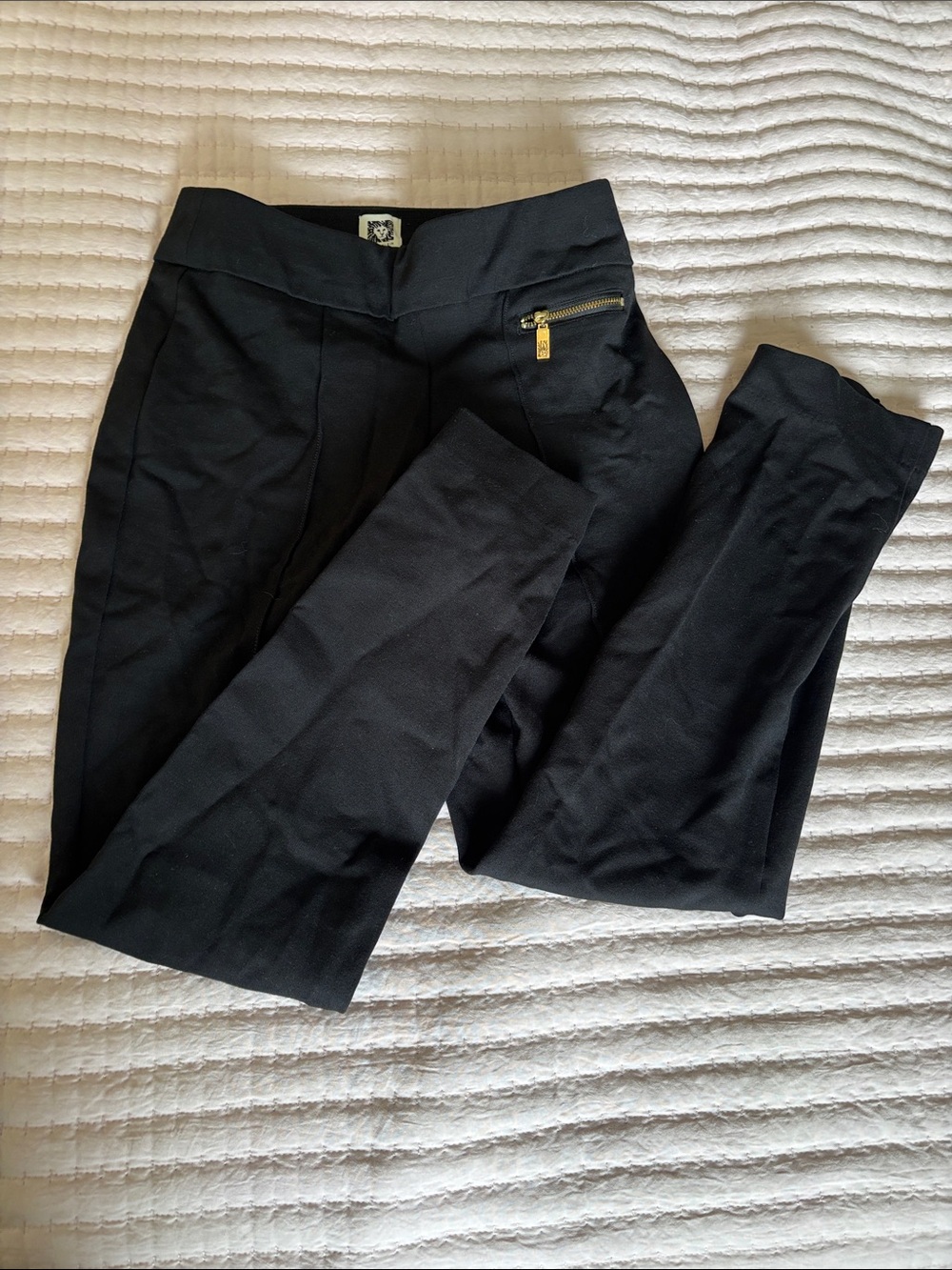 Anne Klein Black Ponte Ankle Pants with Gold Zip Detail